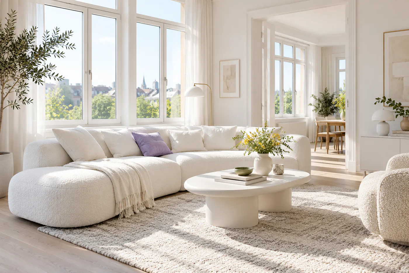 Heller Wohnraum mit weißem Sofa, Couchtisch und großen Fenstern