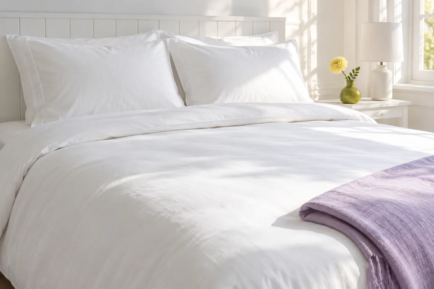 Weißes, frisch bezogenes Bett mit lavendelfarbener Decke in einem hellen Schlafzimmer