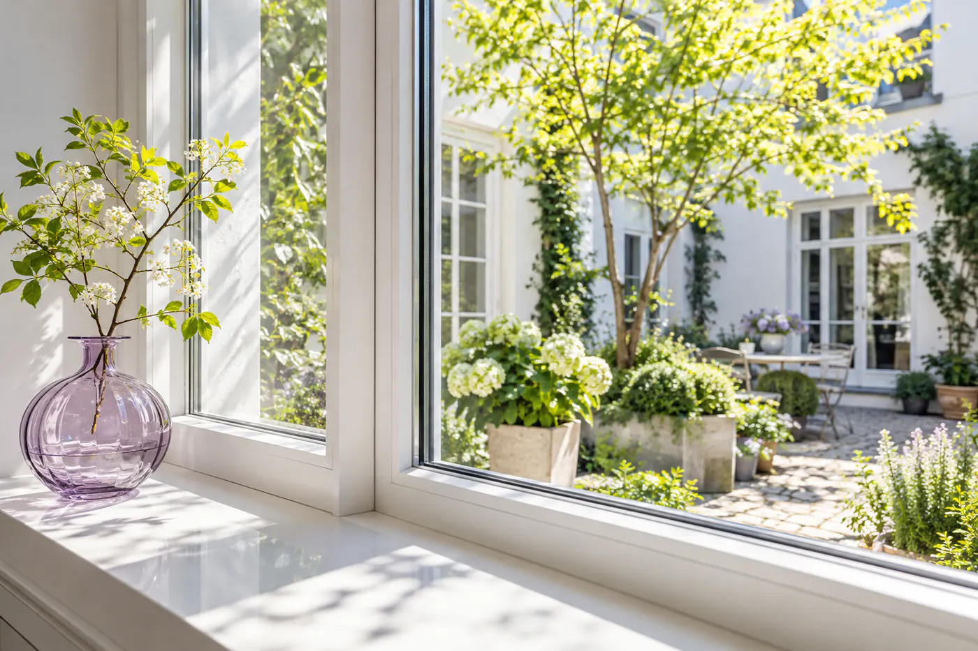 Großes, klares Fenster mit Blick in einen grünen Innenhof, davor eine Vase auf der Fensterbank