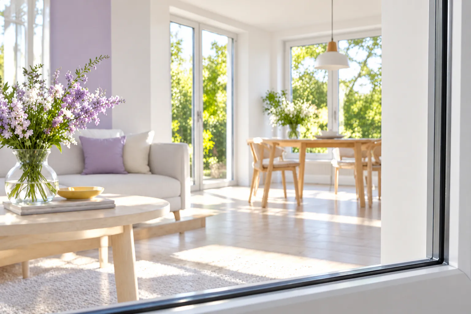 Klare Fensterscheibe mit Blick in einen hellen Wohnraum